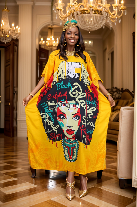 Women's Plus Size African Print Verbiage & Face Print Caftan Dress - Gold