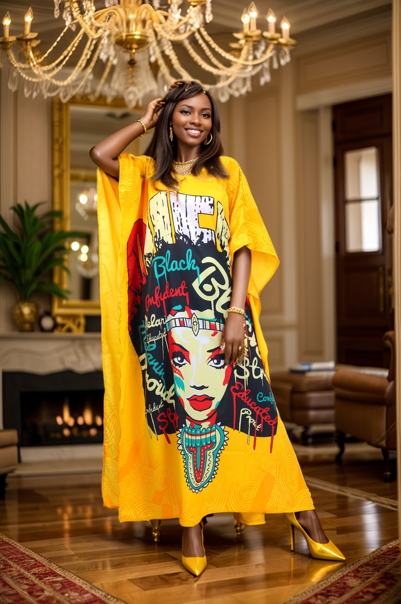 Women's Plus Size African Print Verbiage & Face Print Caftan Dress - Gold