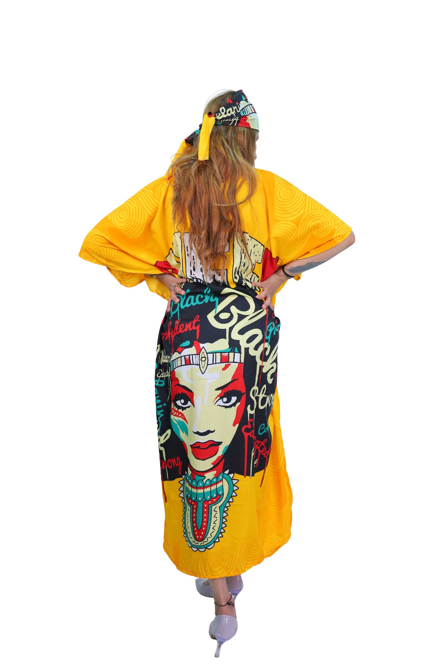 Women's Plus Size African Print Verbiage & Face Print Caftan Dress - Gold
