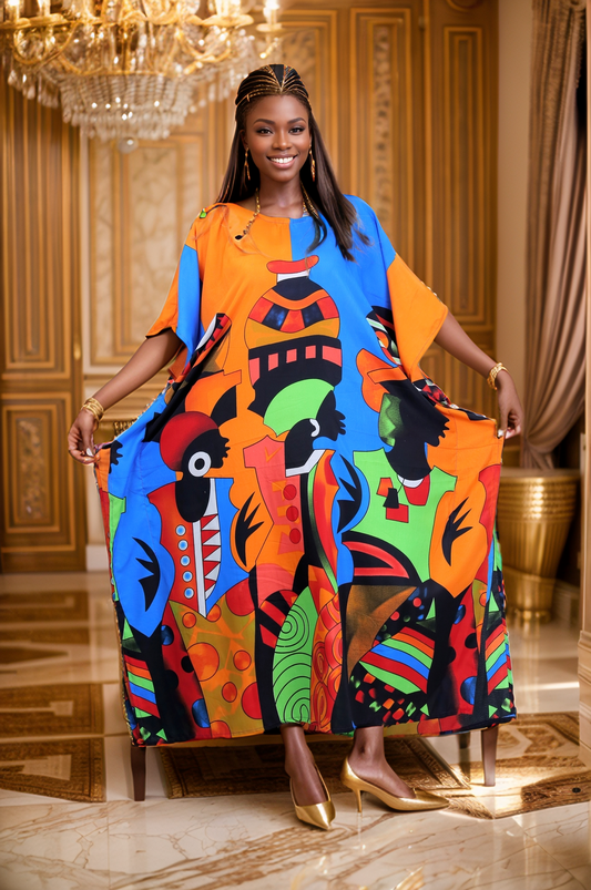 Women's Plus Size African Multi-Print Kaftan Dress - Orange/Blue