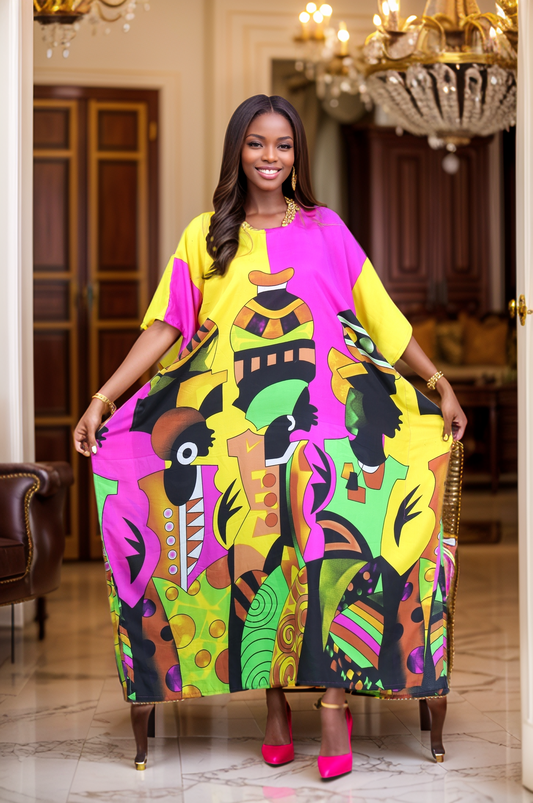 Women's Plus Size African Multi-Print Kaftan Dress - Yellow/Pink