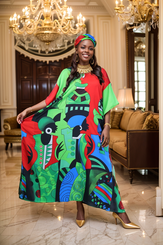 Women's Plus Size African Multi-Print Kaftan Dress - Green/Red