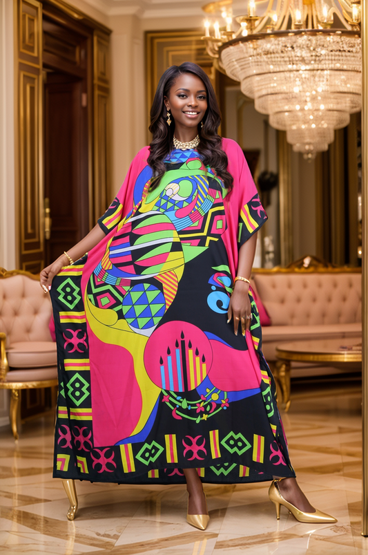 Women's Plus Size African Multi-Print Kaftan Dress - Coral