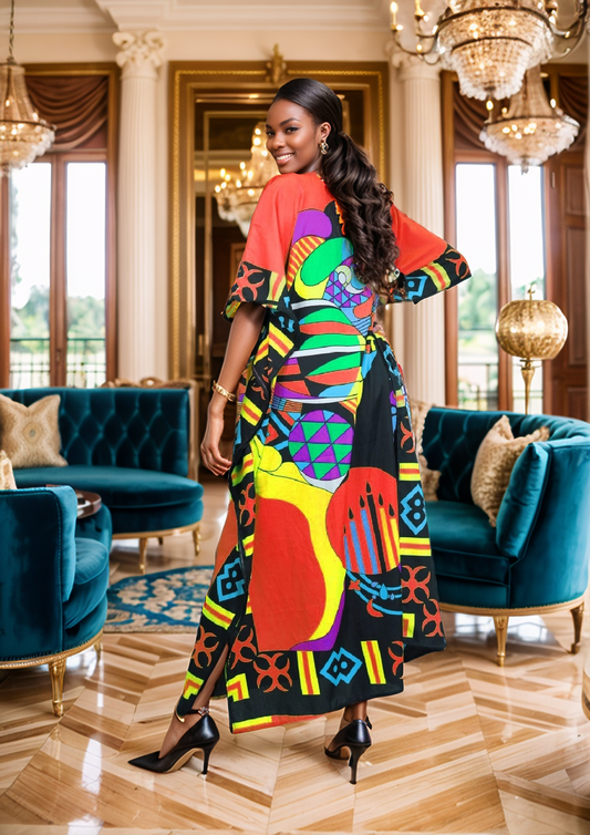 Women's Plus Size African Multi-Print Kaftan Dress - Red