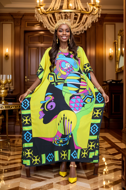 Women's Plus Size African Multi-Print Kaftan Dress - Yellow
