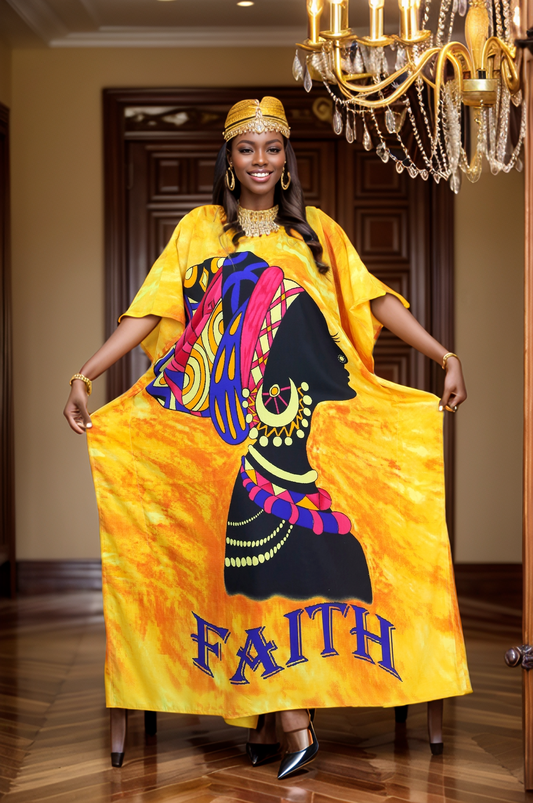 Women's Plus Size African Print "FAITH" Kaftan Dress - Gold