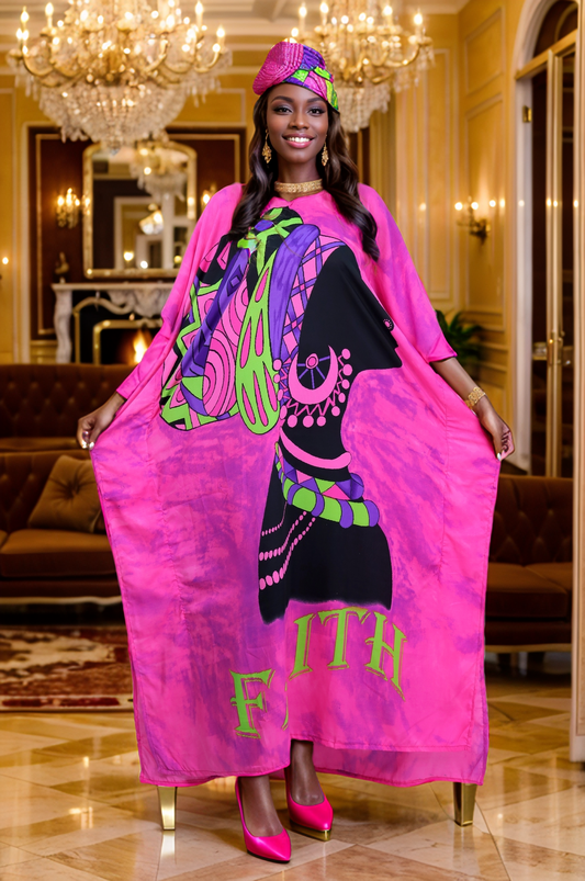 Women's Plus Size African Print "FAITH" Kaftan Dress - Pink