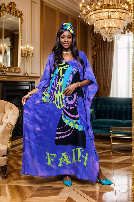 Women's Plus Size African Print "FAITH" Kaftan Dress - Purple