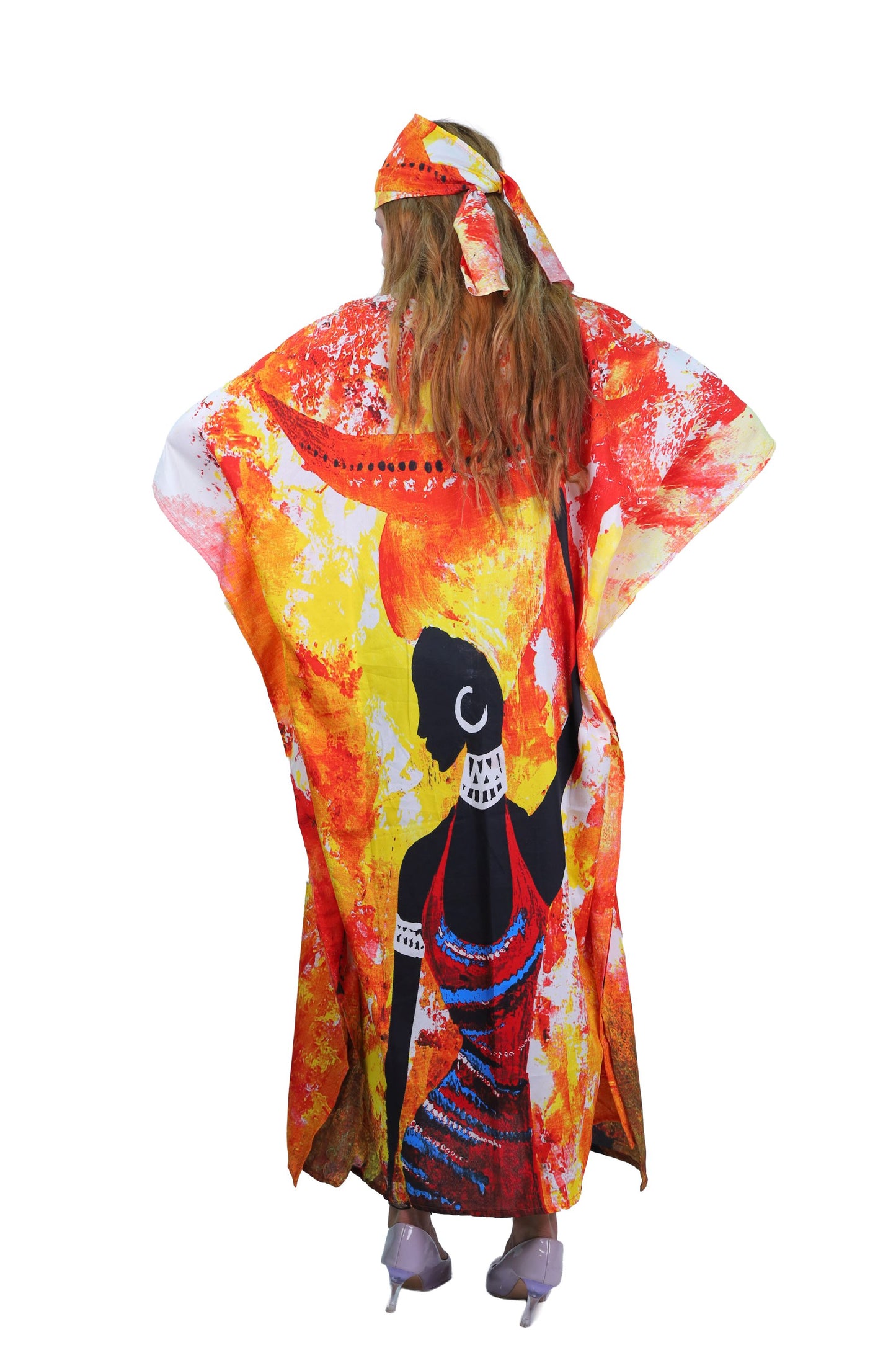 Women's Plus Size African Print Kaftan Maxi Dress - Yellow/Orange
