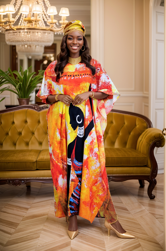 Women's Plus Size African Print Kaftan Maxi Dress - Yellow/Orange