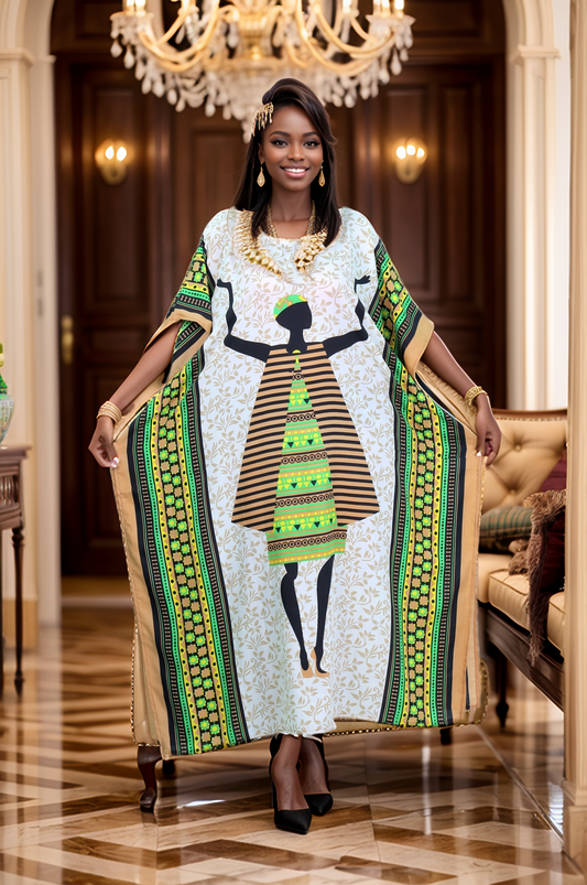 Women's Plus Size African Print Kaftan Maxi Dress - Peach/Green