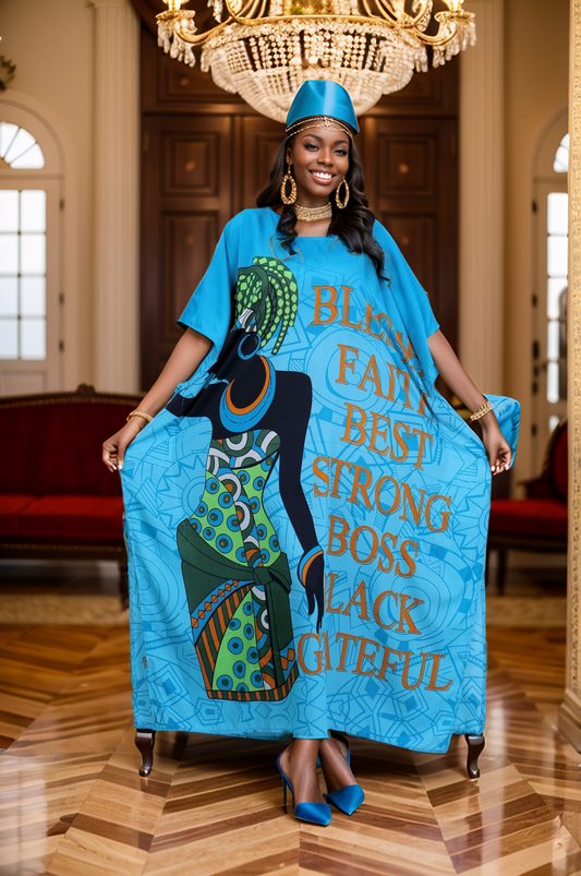 Women's Plus Size African Print Verbiage Kaftan Maxi Dress - Teal