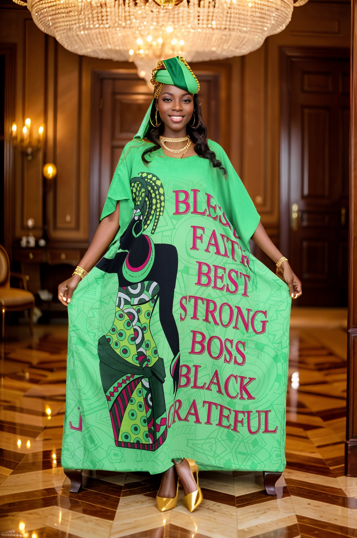 Women's Plus Size African Print Verbiage Kaftan Maxi Dress - Green