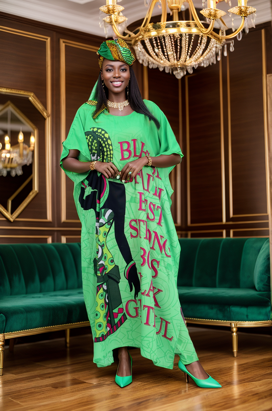 Women's Plus Size African Print Verbiage Kaftan Maxi Dress - Green