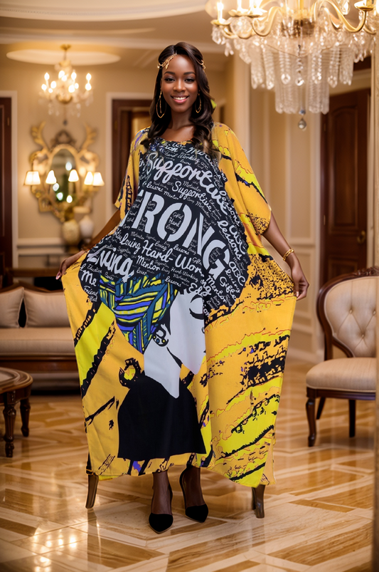 Women's Plus Size African Print Verbiage "STRONG" Kaftan Maxi Dress - Gold