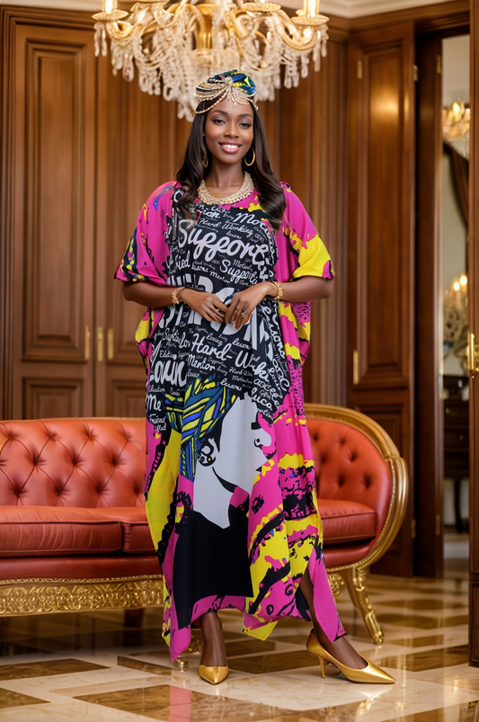 Women's Plus Size African Print Verbiage "STRONG" Kaftan Maxi Dress - Pink