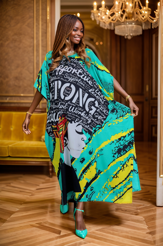 Women's Plus Size African Print Verbiage "STRONG" Kaftan Maxi Dress - Sea Green